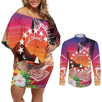Kia Orana Cook Islands Couples Matching Off Shoulder Short Dress and Long Sleeve Button Shirt Sunset Dream LT7 Art - Polynesian Pride