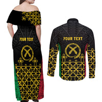 Vanuatu Indipendens Dei Couples Matching Off Shoulder Maxi Dress and Long Sleeve Button Shirt Tribal Sand Drawing LT7 - Polynesian Pride
