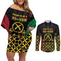 Vanuatu Indipendens Dei Couples Matching Off Shoulder Short Dress and Long Sleeve Button Shirt Tribal Sand Drawing LT7 Colorful - Polynesian Pride