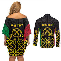 Vanuatu Indipendens Dei Couples Matching Off Shoulder Short Dress and Long Sleeve Button Shirt Tribal Sand Drawing LT7 - Polynesian Pride