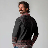 Maori Taniko Patterns Long Sleeve Polo Shirt Brown Niho Taniwha Mix Paatiki Motifs