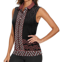 Maori Taniko Patterns Women Sleeveless Polo Shirt Brown Niho Taniwha Mix Paatiki Motifs