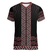 Maori Taniko Patterns Women V-Neck T-Shirt Brown Niho Taniwha Mix Paatiki Motifs