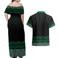Maori Taniko Patterns Couples Matching Off Shoulder Maxi Dress and Hawaiian Shirt Pounamu Niho Taniwha Mix Paatiki Motifs