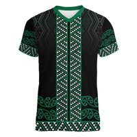 Maori Taniko Patterns Women V-Neck T-Shirt Pounamu Niho Taniwha Mix Paatiki Motifs