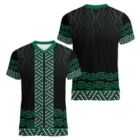 Maori Taniko Patterns Women V-Neck T-Shirt Pounamu Niho Taniwha Mix Paatiki Motifs
