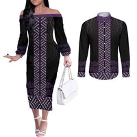 Maori Taniko Patterns Couples Matching Off The Shoulder Long Sleeve Dress and Long Sleeve Button Shirt Purple Niho Taniwha Mix Paatiki Motifs