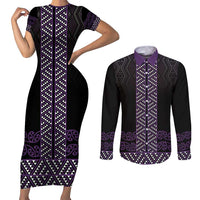 Maori Taniko Patterns Couples Matching Short Sleeve Bodycon Dress and Long Sleeve Button Shirt Purple Niho Taniwha Mix Paatiki Motifs