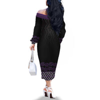 Maori Taniko Patterns Family Matching Off The Shoulder Long Sleeve Dress and Hawaiian Shirt Purple Niho Taniwha Mix Paatiki Motifs