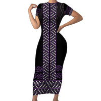 Maori Taniko Patterns Family Matching Short Sleeve Bodycon Dress and Hawaiian Shirt Purple Niho Taniwha Mix Paatiki Motifs