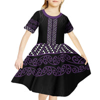 Maori Taniko Patterns Kid Short Sleeve Dress Purple Niho Taniwha Mix Paatiki Motifs LT7 - Polynesian Pride