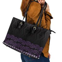 Maori Taniko Patterns Leather Tote Bag Purple Niho Taniwha Mix Paatiki Motifs
