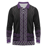 Maori Taniko Patterns Long Sleeve Polo Shirt Purple Niho Taniwha Mix Paatiki Motifs