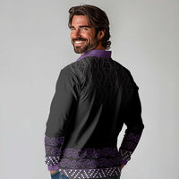 Maori Taniko Patterns Long Sleeve Polo Shirt Purple Niho Taniwha Mix Paatiki Motifs