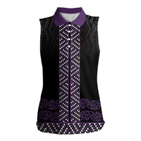 Maori Taniko Patterns Women Sleeveless Polo Shirt Purple Niho Taniwha Mix Paatiki Motifs
