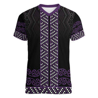 Maori Taniko Patterns Women V-Neck T-Shirt Purple Niho Taniwha Mix Paatiki Motifs