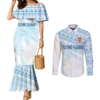 Fiji Rugby Custom Kaiviti Masi Couples Matching Mermaid Dress and Long Sleeve Button Shirt Turquoise - Polynesian Pride