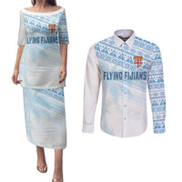 Fiji Rugby Custom Kaiviti Masi Couples Matching Puletasi and Long Sleeve Button Shirt Turquoise - Polynesian Pride