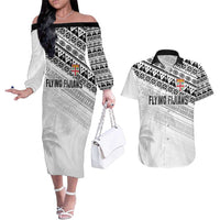 Fiji Rugby Custom Kaiviti Masi Couples Matching Off The Shoulder Long Sleeve Dress and Hawaiian Shirt Black - Polynesian Pride