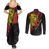 Papua New Guinea 49th Independence Day Couples Matching Summer Maxi Dress and Long Sleeve Button Shirt Motuan Revareva Bird-of-Paradise