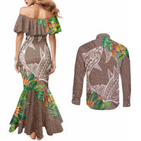 Polynesia Couples Matching Mermaid Dress and Long Sleeve Button Shirt Sharks Duo Tropical Brown LT7 - Polynesian Pride