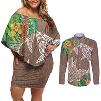 Polynesia Couples Matching Off Shoulder Short Dress and Long Sleeve Button Shirt Sharks Duo Tropical Brown LT7 Brown - Polynesian Pride