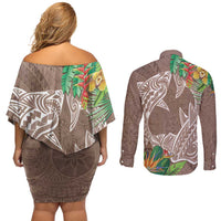 Polynesia Couples Matching Off Shoulder Short Dress and Long Sleeve Button Shirt Sharks Duo Tropical Brown LT7 - Polynesian Pride