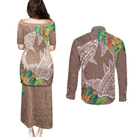 Polynesia Couples Matching Puletasi and Long Sleeve Button Shirt Sharks Duo Tropical Brown LT7 - Polynesian Pride