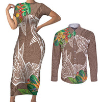 Polynesia Couples Matching Short Sleeve Bodycon Dress and Long Sleeve Button Shirt Sharks Duo Tropical Brown LT7 Brown - Polynesian Pride