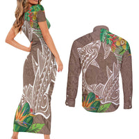 Polynesia Couples Matching Short Sleeve Bodycon Dress and Long Sleeve Button Shirt Sharks Duo Tropical Brown LT7 - Polynesian Pride