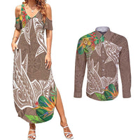 Polynesia Couples Matching Summer Maxi Dress and Long Sleeve Button Shirt Sharks Duo Tropical Brown LT7 Brown - Polynesian Pride