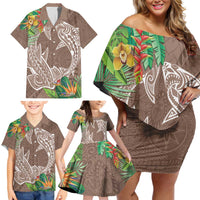 Polynesia Family Matching Off Shoulder Short Dress and Hawaiian Shirt Sharks Duo Tropical Brown LT7 - Polynesian Pride