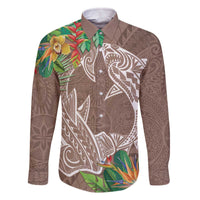 Polynesia Family Matching Off Shoulder Short Dress and Hawaiian Shirt Sharks Duo Tropical Brown LT7 Dad's Shirt - Long Sleeve Brown - Polynesian Pride