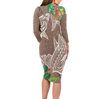 Polynesia Long Sleeve Bodycon Dress Sharks Duo Tropical Brown