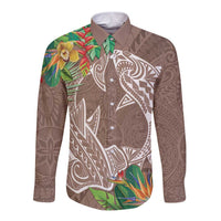 Polynesia Long Sleeve Button Shirt Sharks Duo Tropical Brown LT7 Unisex Brown - Polynesian Pride