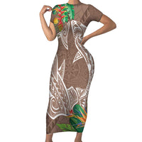 Polynesia Short Sleeve Bodycon Dress Sharks Duo Tropical Brown