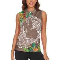 Polynesia Women Sleeveless Polo Shirt Sharks Duo Tropical Brown LT7 - Polynesian Pride