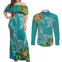 Polynesia Couples Matching Off Shoulder Maxi Dress and Long Sleeve Button Shirt Sharks Duo Tropical Teal LT7 Teal - Polynesian Pride