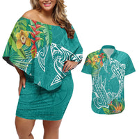 Polynesia Couples Matching Off Shoulder Short Dress and Hawaiian Shirt Sharks Duo Tropical Teal LT7 Teal - Polynesian Pride