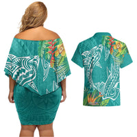 Polynesia Couples Matching Off Shoulder Short Dress and Hawaiian Shirt Sharks Duo Tropical Teal LT7 - Polynesian Pride