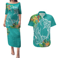 Polynesia Couples Matching Puletasi and Hawaiian Shirt Sharks Duo Tropical Teal LT7 Teal - Polynesian Pride