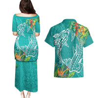 Polynesia Couples Matching Puletasi and Hawaiian Shirt Sharks Duo Tropical Teal LT7 - Polynesian Pride