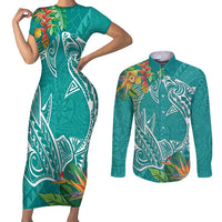 Polynesia Couples Matching Short Sleeve Bodycon Dress and Long Sleeve Button Shirt Sharks Duo Tropical Teal LT7 Teal - Polynesian Pride