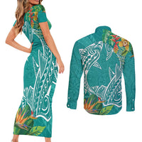 Polynesia Couples Matching Short Sleeve Bodycon Dress and Long Sleeve Button Shirt Sharks Duo Tropical Teal LT7 - Polynesian Pride
