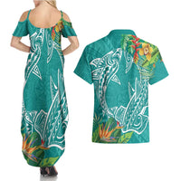 Polynesia Couples Matching Summer Maxi Dress and Hawaiian Shirt Sharks Duo Tropical Teal LT7 - Polynesian Pride