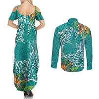 Polynesia Couples Matching Summer Maxi Dress and Long Sleeve Button Shirt Sharks Duo Tropical Teal LT7 - Polynesian Pride