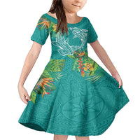 Polynesia Family Matching Mermaid Dress and Hawaiian Shirt Sharks Duo Tropical Teal LT7 Daughter's Dress Teal - Polynesian Pride