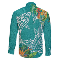 Polynesia Family Matching Off The Shoulder Long Sleeve Dress and Hawaiian Shirt Sharks Duo Tropical Teal