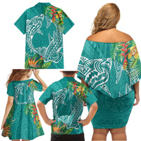 Polynesia Family Matching Off Shoulder Short Dress and Hawaiian Shirt Sharks Duo Tropical Teal LT7 - Polynesian Pride