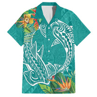 Polynesia Family Matching Off Shoulder Short Dress and Hawaiian Shirt Sharks Duo Tropical Teal LT7 Dad's Shirt - Short Sleeve Teal - Polynesian Pride